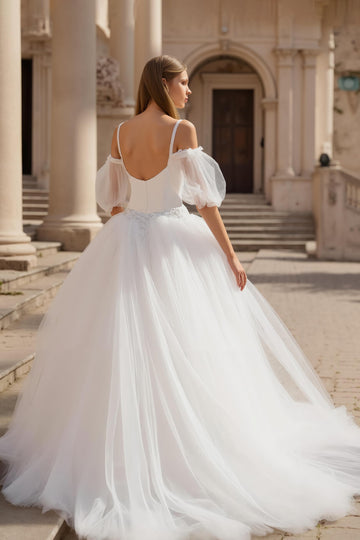 Cold Shoulder Tulle A-Line Ivory Wedding Dress